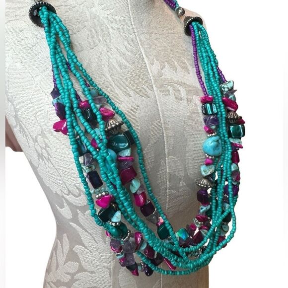 Vintage Jewelry - Real Turquoise & Glass Gemstone Multi Strand Necklace